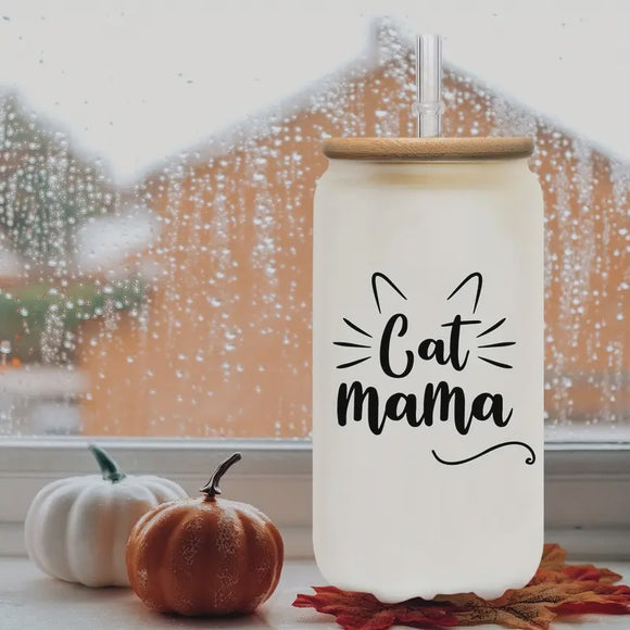 Cat Mama Glass Tumbler with Straw 16oz