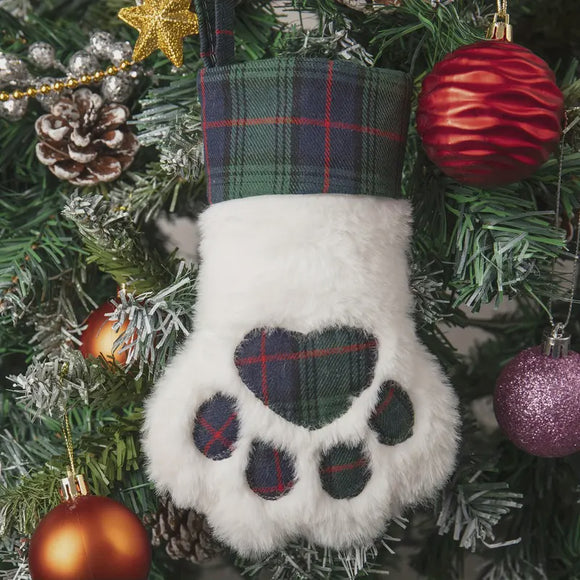 Blackwatch Plaid & White Fur Cat Paw Stocking