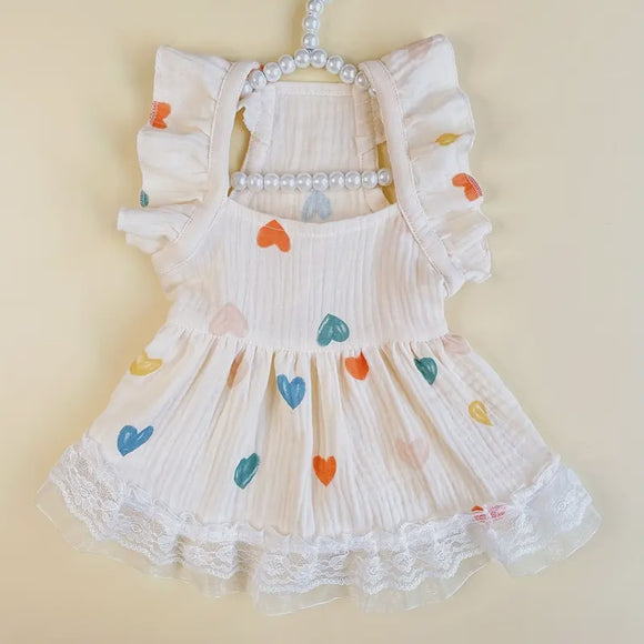 White Dress with Colorful Hearts Lace Trim