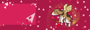 Red background covered in hearts, a cupid dog is hovering with his wings and bow & arrow
