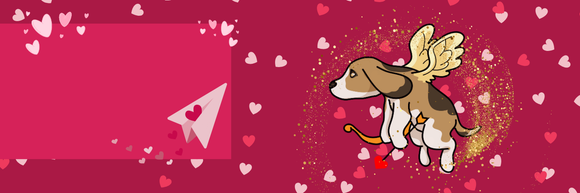 Red background covered in hearts, a cupid dog is hovering with his wings and bow & arrow
