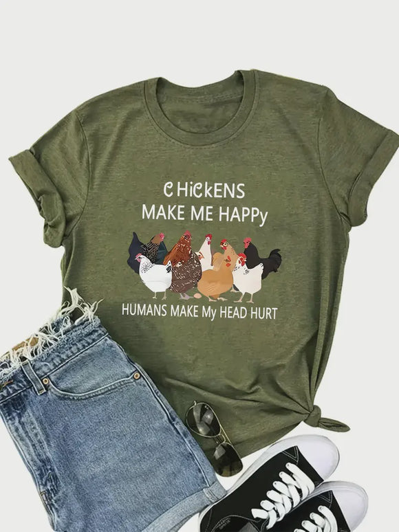 Chickens Make Me Happy Crew Neck Tee Army Green