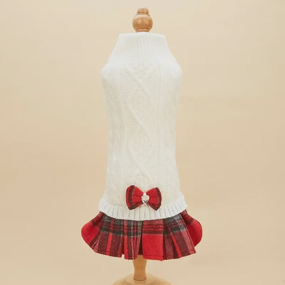 Cream Cable Sweater Dress with Red Plaid Skirt & Bow