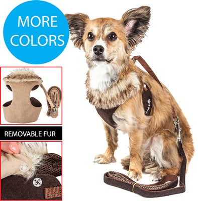 Pet Life Luxe Furracious 2in1 Brown Removable Fur Collar Harness-Leash