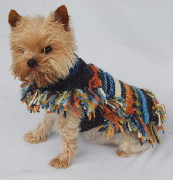 Peruvian Striped Poncho With Multicolor Fringe